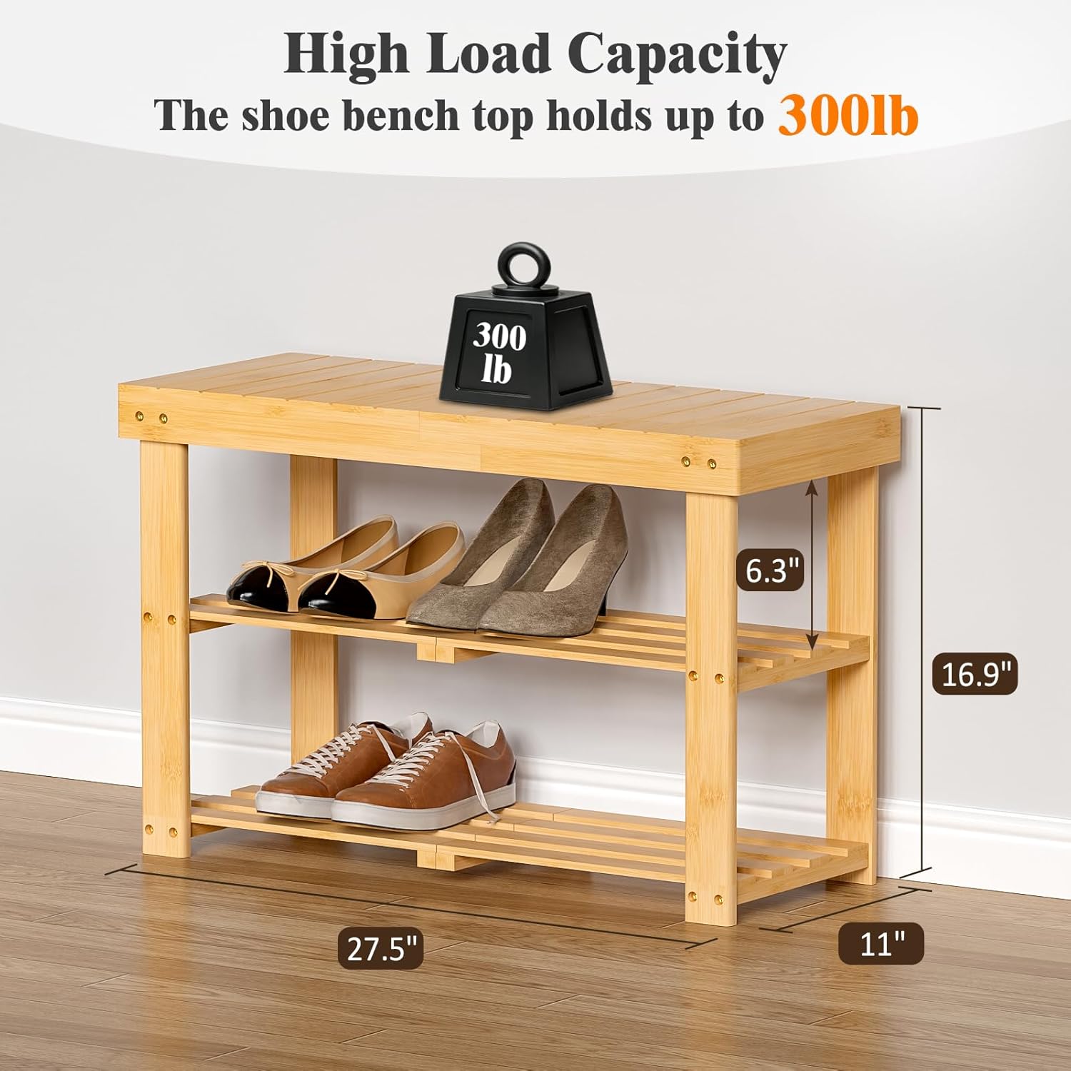 BAMBUROBA Bamboo Shoe Rack Bench, 3-Tier Entryway Bench, Small Shoes Storage Organizer Holds Up to 300lbs, 27.5 x 11 x 16.9 Inches, for Front Door, Hallway, Living Room, Bedroom,Natural