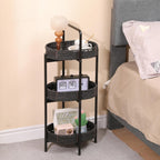 3 Tier Handwoven Oval Side Table Storage Basket with Detachable Trays | Woven Paper Rope Organizer for Living Room Bedroom Kitchen | Sturdy Metal Frame Tiered Shelf for Home Decor (Black)