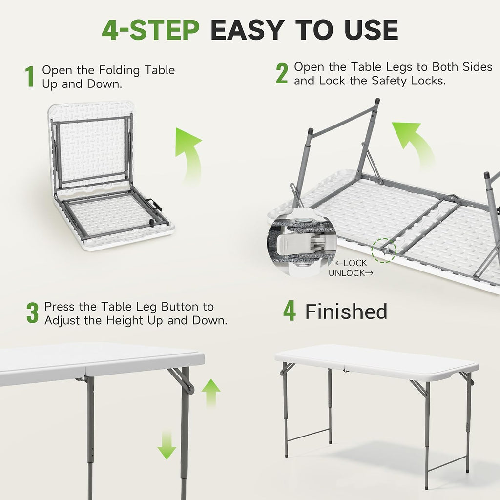 Folding Table 4 Foot - 3-Position Adjustable Height, Heavy Duty 400 lbs Capacity - Portable Tables Folding for Camping, Party, Indoor & Outdoor Use, 2 Pack