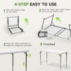 Folding Table 4 Foot - 3-Position Adjustable Height, Heavy Duty 400 lbs Capacity - Portable Tables Folding for Camping, Party, Indoor & Outdoor Use, 2 Pack