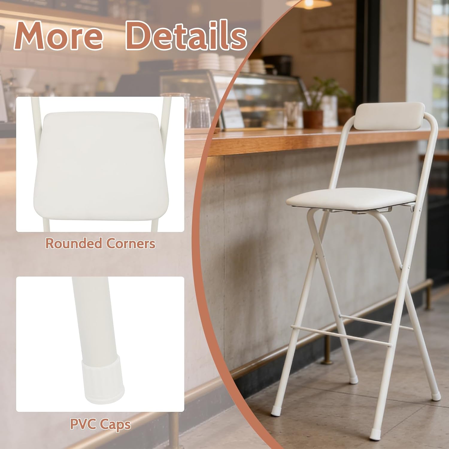 2PCS Folding Bar Stool with Backrest, 29.53in Tall Folding Chair Counter Height Foldable Chairs Tall Bar Collapsible Stools for Kitchen, Shop, Cafe, Dining Room (White)
