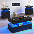 LUXOAK 3-Piece Modern Coffee Table Set with LED Lights | High-Gloss Finish, Coffee Table with Storage, 2 End Tables with Charging Stations, Living Room & Office Use, Black