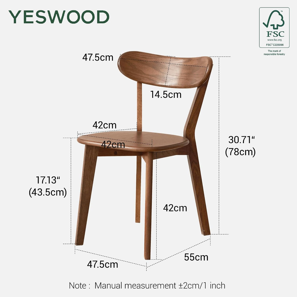 YESWOOD Oak Dining Chairs Set of 4, 100% Solid Wood Kitchen Chairs with Curved Backrest, Mid Century Modern & Farmhouse Side Chairs for Dining Room, Living Room, Study, Walnut