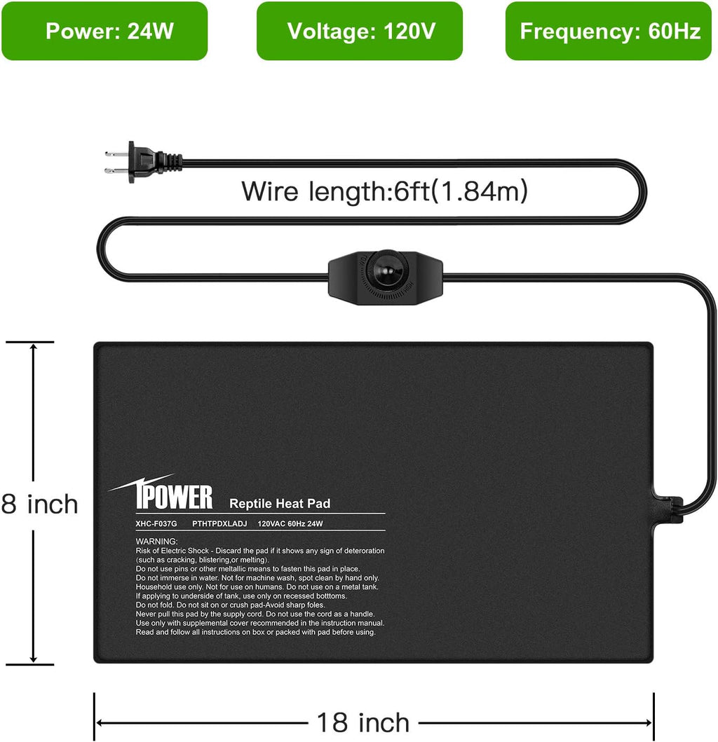 iPower 8 by 18-Inch 24 Watts Reptile Heating Mat with Temperature Controller Under Tank Warmer Terrarium Heat Pad for Reptiles and Amphibians, Black