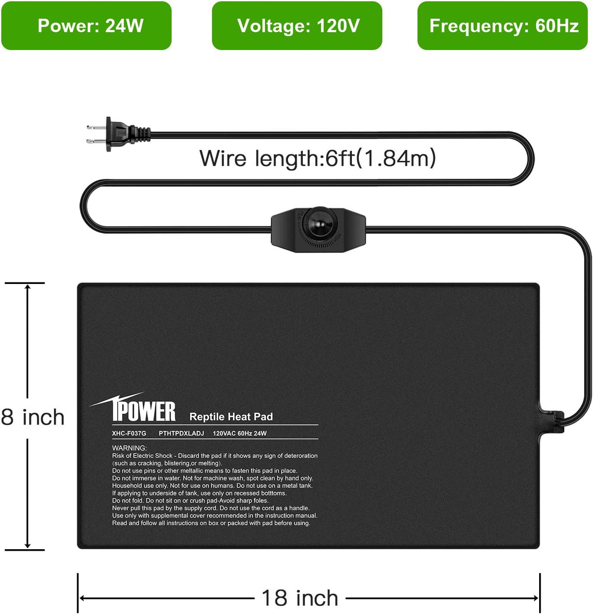 iPower 8 by 18-Inch 24 Watts Reptile Heating Mat with Temperature Controller Under Tank Warmer Terrarium Heat Pad for Reptiles and Amphibians, Black
