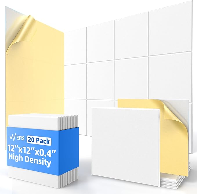 20 Pack Acoustic Panels with Self Adhesive, 12" X 12" X 0.4" High Density Sound Proof Foam Panels for Walls, Soundproof Wall Panels, Square Sound Absorbing Panels for Home Studio Office Decor - White