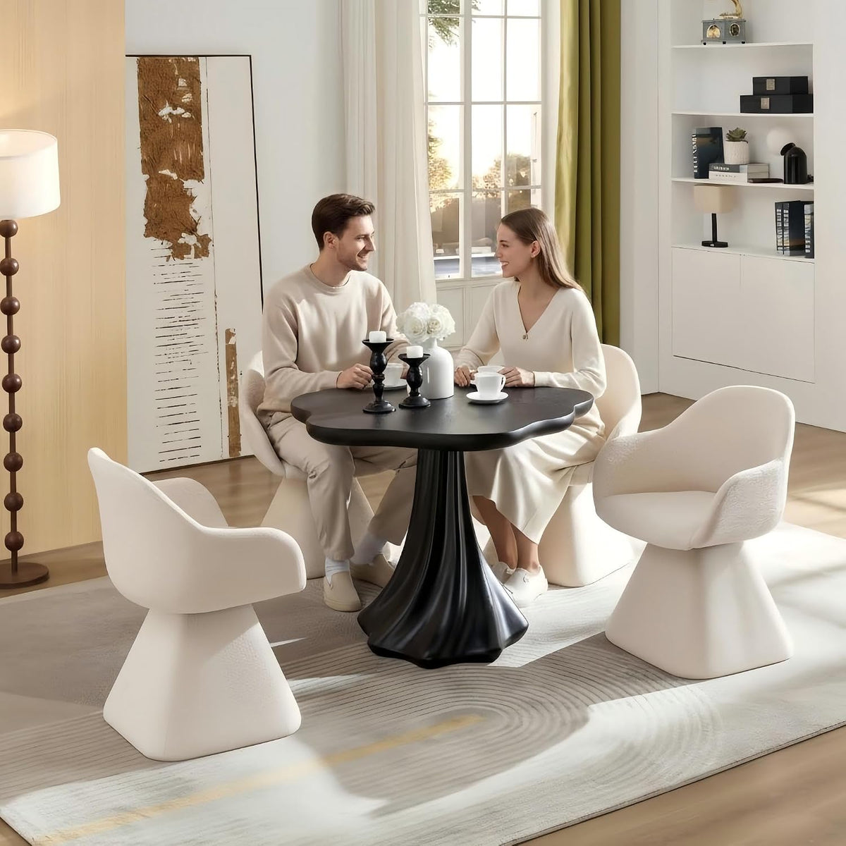 37" Round Modern Dining Table – Flower Shape Top, Twisted Pedestal Base, Black, Table Only for 2-4 People