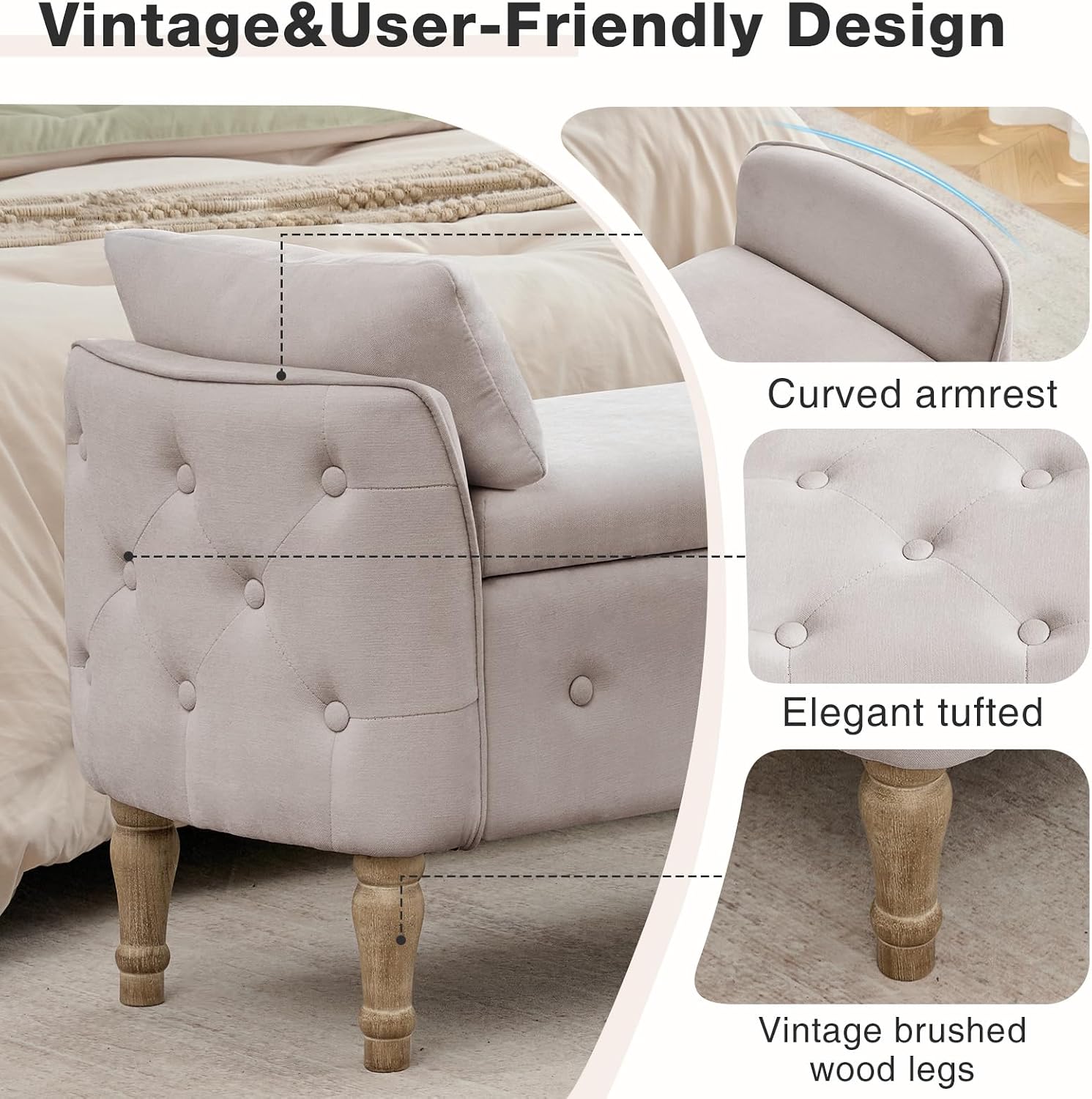 67'' King Size Storage Bench for Bedroom End of Bed,Linen Bedroom Bench for Foot of Bed King,Storage Bench with Arched Arms and 2 Cushion for Living Room Entryway Window,Khaki