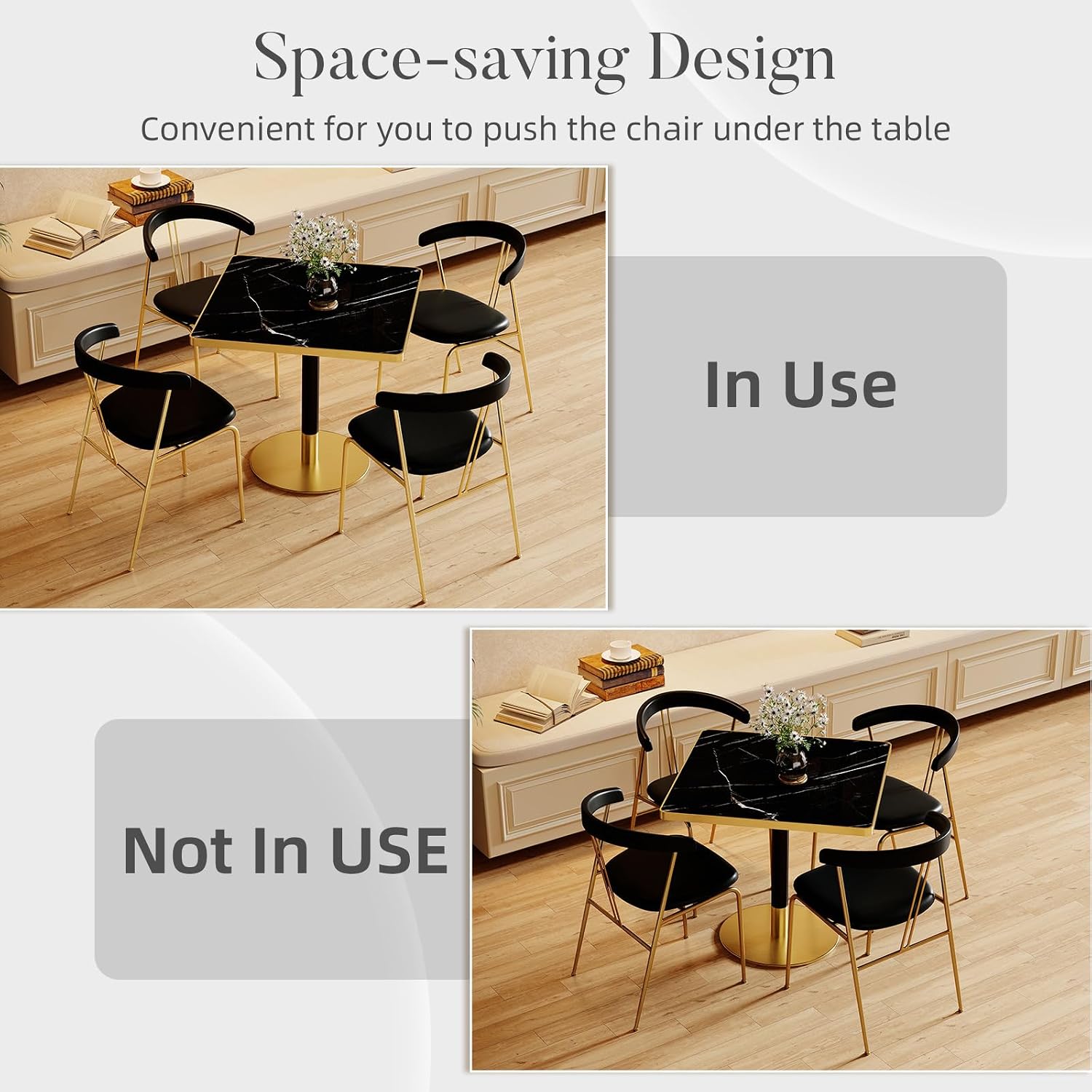 31.5'' Tulip Table, Square Dining Table with Sintered Stone Tabletop | Gold Edge & Pedestal, Bistro Table for 2-4 Person for Dining Room/Café/Small Spaces/Restaurant (Black Marble Vein)