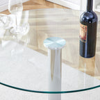 A Glass Tabletop with a Diameter of 35 inches and a Modern Minimalist Circular Dining Table with electroplated Silver Metal Legs. Suitable for Restaurants, Living Rooms, and Conference Rooms.BT-1166