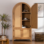Hassyee Arched Kitchen Pantry Cabinet, Arched Bookcase Rattan Storage Cabinet with Doors Adjustable Shelves, Farmhouse Freestanding Cupboard for Bathroom, Living Room, Dining Room