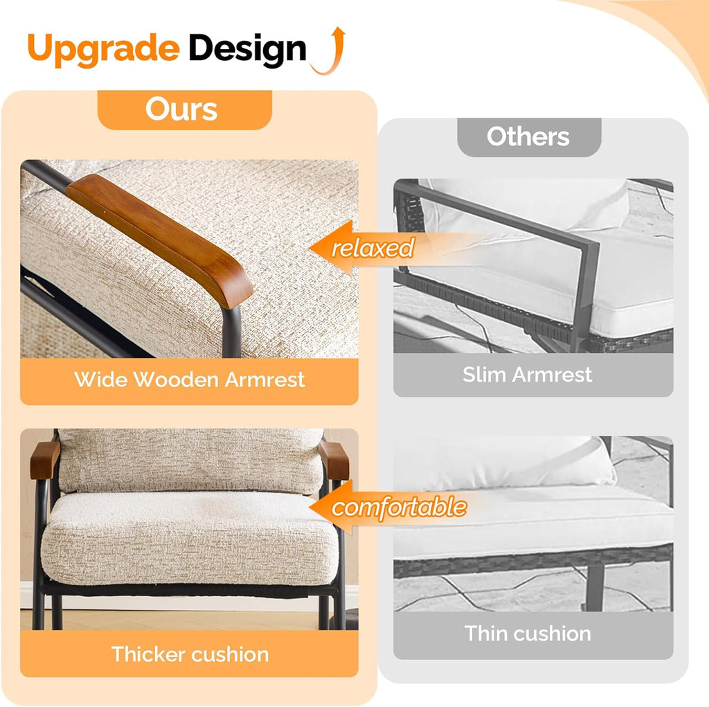 VINGLI Mid-Century Modern Accent Armchiar for Small Space, Small Comfy Upholstered Leisure Reading Chair with Wood Armrest for Bedroom, Living Room, Waiting Room, Linen Beige