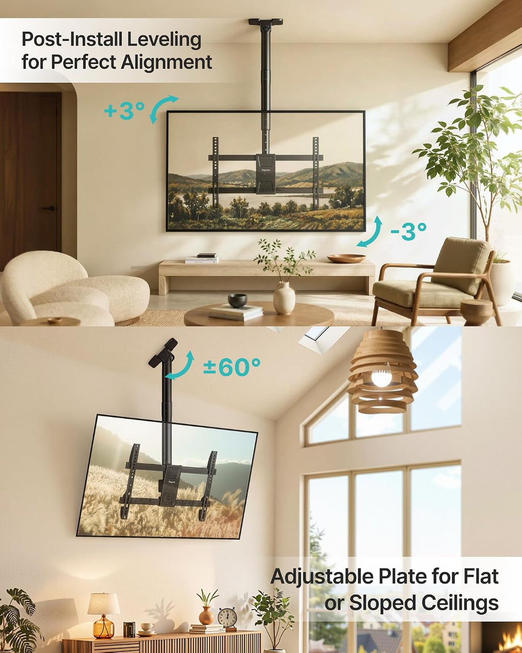 PEGZONE Ceiling TV Mount for 43-86 Inch TVs, 19.1"-36.4" Height Adjustable | Holds 155lbs, Full Motion TV Ceiling Mount for Flat & Sloped Ceilings, Hanging TV Bracket with Swivel, Tilt, Max VESA 600x400