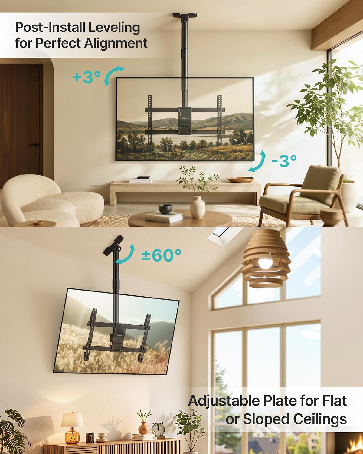 PEGZONE Ceiling TV Mount for 43-86 Inch TVs, 19.1"-36.4" Height Adjustable | Holds 155lbs, Full Motion TV Ceiling Mount for Flat & Sloped Ceilings, Hanging TV Bracket with Swivel, Tilt, Max VESA 600x400