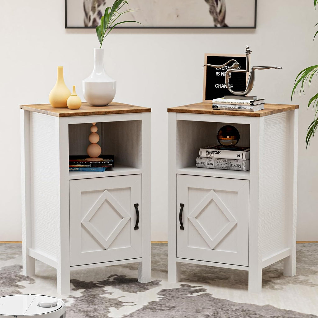 BVIUNTWO Set of 2 Modern White Side Tables with Cabinet & Open Department, Sofa End Table for Living Room, Nightstand for Bedroom