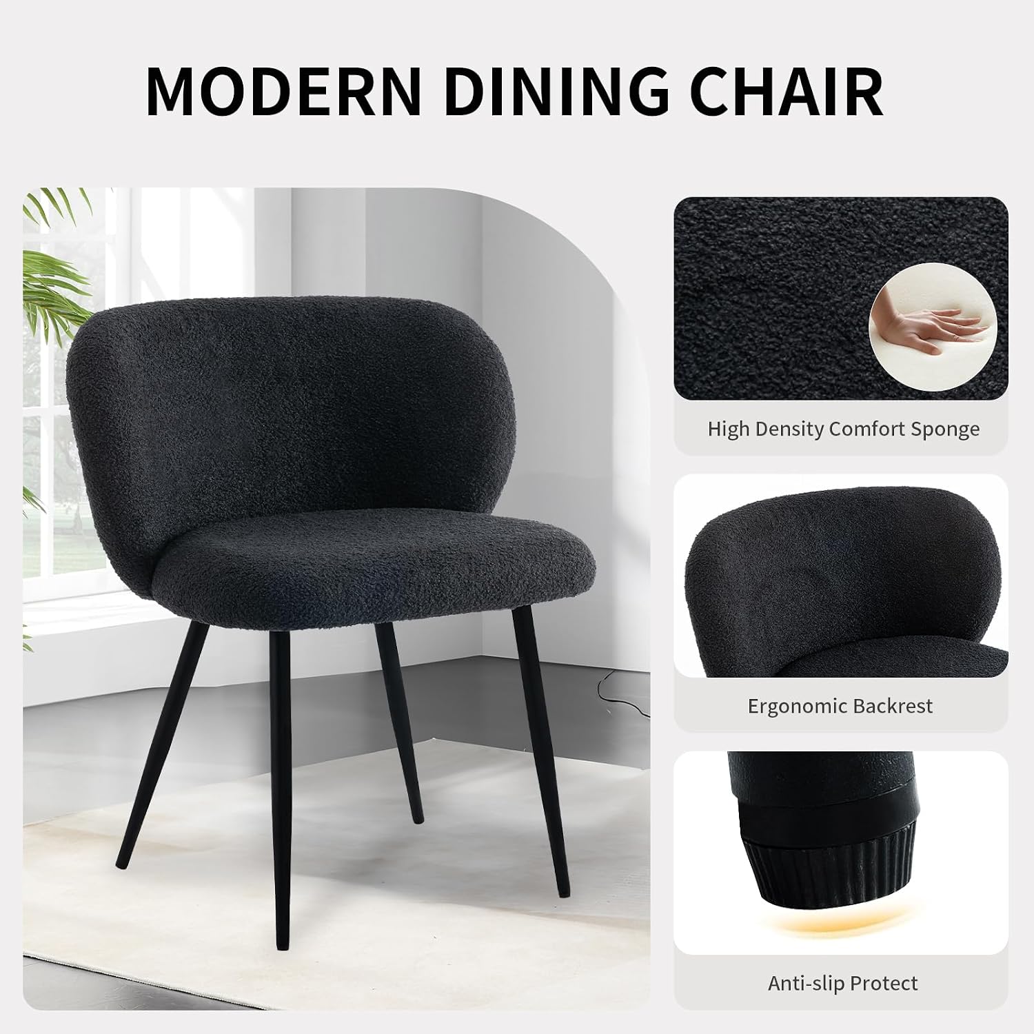 Modern Teddy Dining Chairs Set of 4, Comfy Kitchen Armless Chairs with Thick Cushions, Wingback Chair, Upholstered Dining Room Chairs with Metal Legs for Dining Room, Living, Black