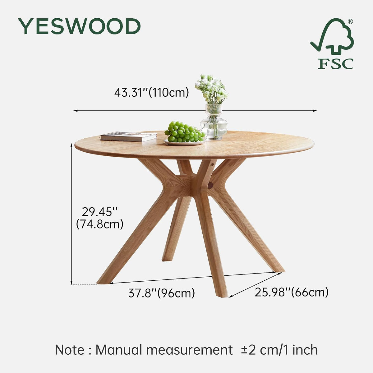YESWOOD 43.3’’ Solid Wood Round Dining Table for 4, Oak Rustic Kitchen Table with Intersecting Pedestal Base, Farmhouse Circle Dinner Table for Dining Room, Living Room, Office, Natural
