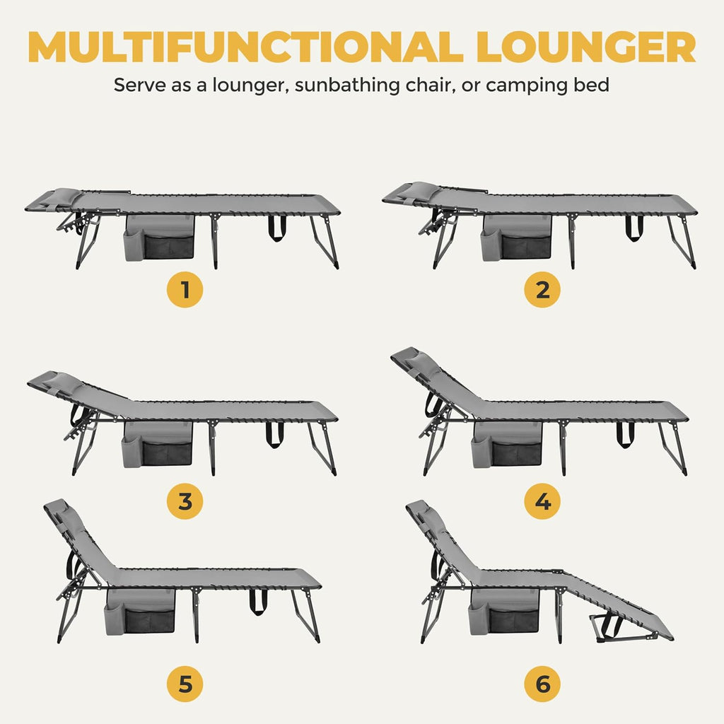 Yaheetech 26.4" Outdoor Folding Tanning Chair 5-Position Adjustable, Gray | Waterproof Texteline Fabric, 300lb Weight Capacity, Side Storage Pocket for Beach Patio Backyard Outdoor Use