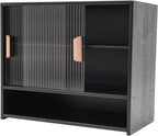 3 Tier Kitchen Pantry Storage Cabinet with with 2 Sliding Striped Glass Doors Console Dining Cupboard Modern Freestanding Bamboo Sideboard for Dining Room Kitchen Black (21.6x11x18.1inch)