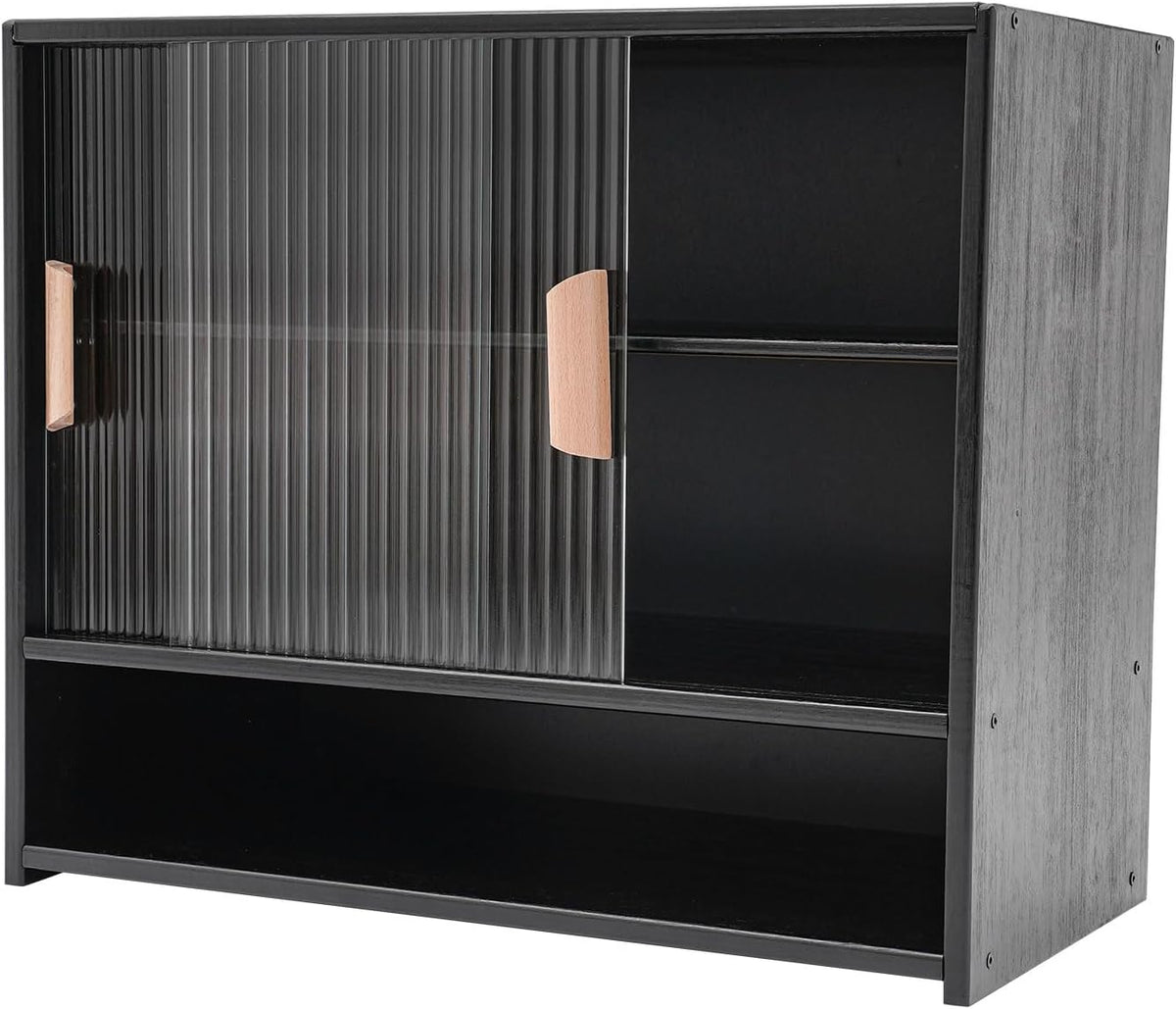 3 Tier Kitchen Pantry Storage Cabinet with with 2 Sliding Striped Glass Doors Console Dining Cupboard Modern Freestanding Bamboo Sideboard for Dining Room Kitchen Black (21.6x11x18.1inch)