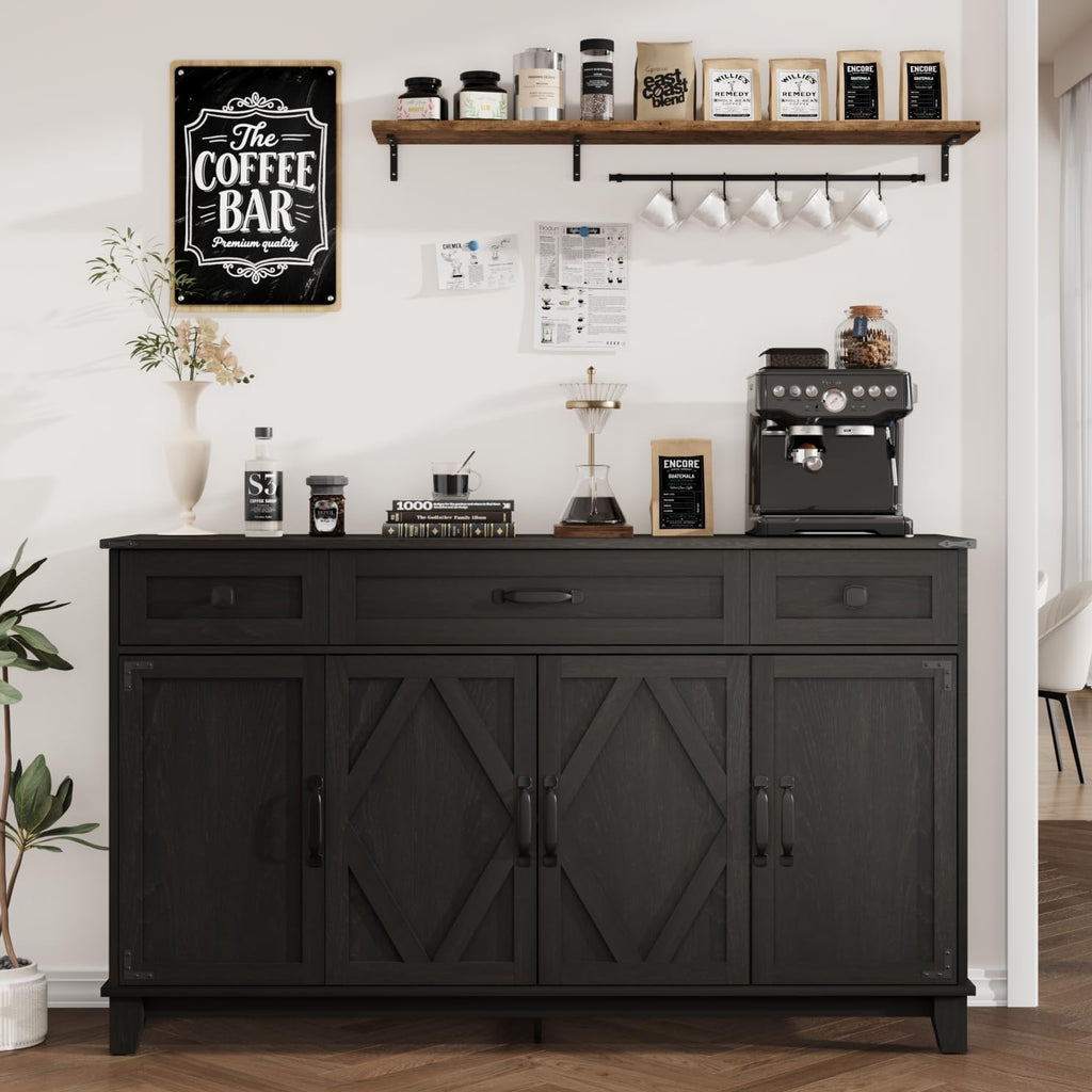 Farmhouse Buffet Cabinet with Drawers, 55" Large Sideboard Kitchen Buffet Storage Cabinet with 3 Adjustable Shelves and Doors Heightened Table Wood Coffee Bar for Kitchen Living Room, Black
