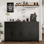 Farmhouse Buffet Cabinet with Drawers, 55" Large Sideboard Kitchen Buffet Storage Cabinet with 3 Adjustable Shelves and Doors Heightened Table Wood Coffee Bar for Kitchen Living Room, Black
