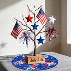 15 Inch Mini Summer Tree Skirt 4th of July Patriotics Tree Skirt Double Sided Print Mat Independence Day Holiday Party Supplies Home Tabletop Christmas Tree Decoration