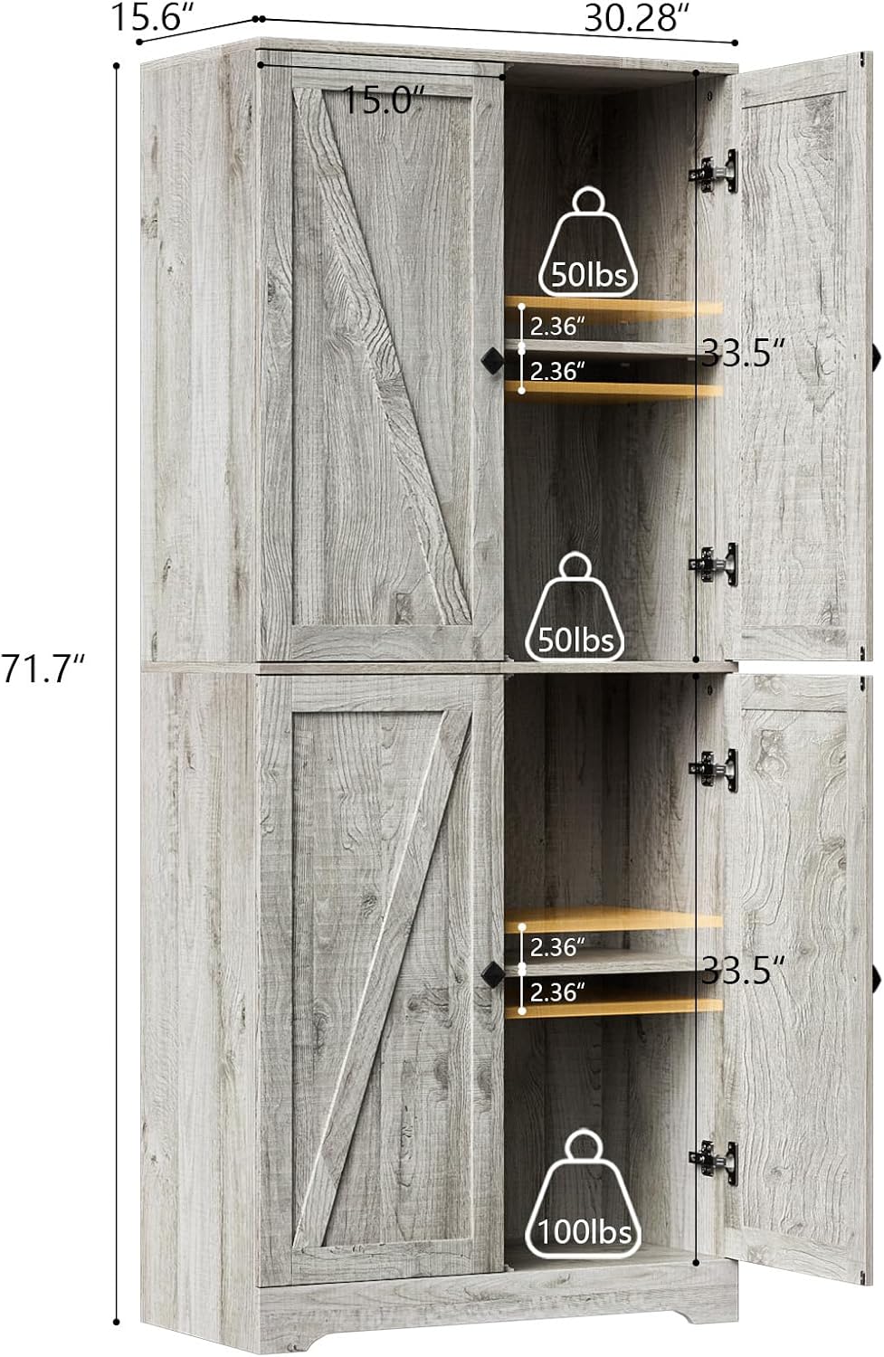 LYNSOM Farmhouse Storage Cabinet with 4 Barn Doors and Adjustable Shelves, Grey丨72 Tall Pantry Cabinet, Freestanding Buffet Cupboards Sideboard for Kitchen, Dining Room, Livingroom