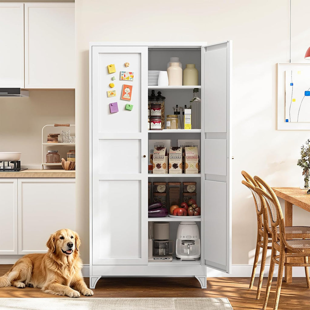 Yizosh Metal Pantry Cabinet, 75" Kitchen Pantry with 2 Door and 4 Adjustable Shelves,White Metal Pantry Storage Cabinet,Cupboard for Kitchen,Dining Room,Living Room and Bathroom