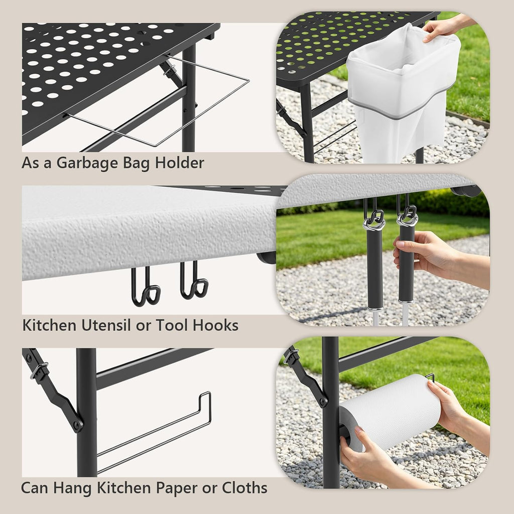 5FT Folding Table Portable Picnic Table with Metal Grid Grilling Surface, Foldable Camping Table Food Prep Station for BBQ, Patio & Beach