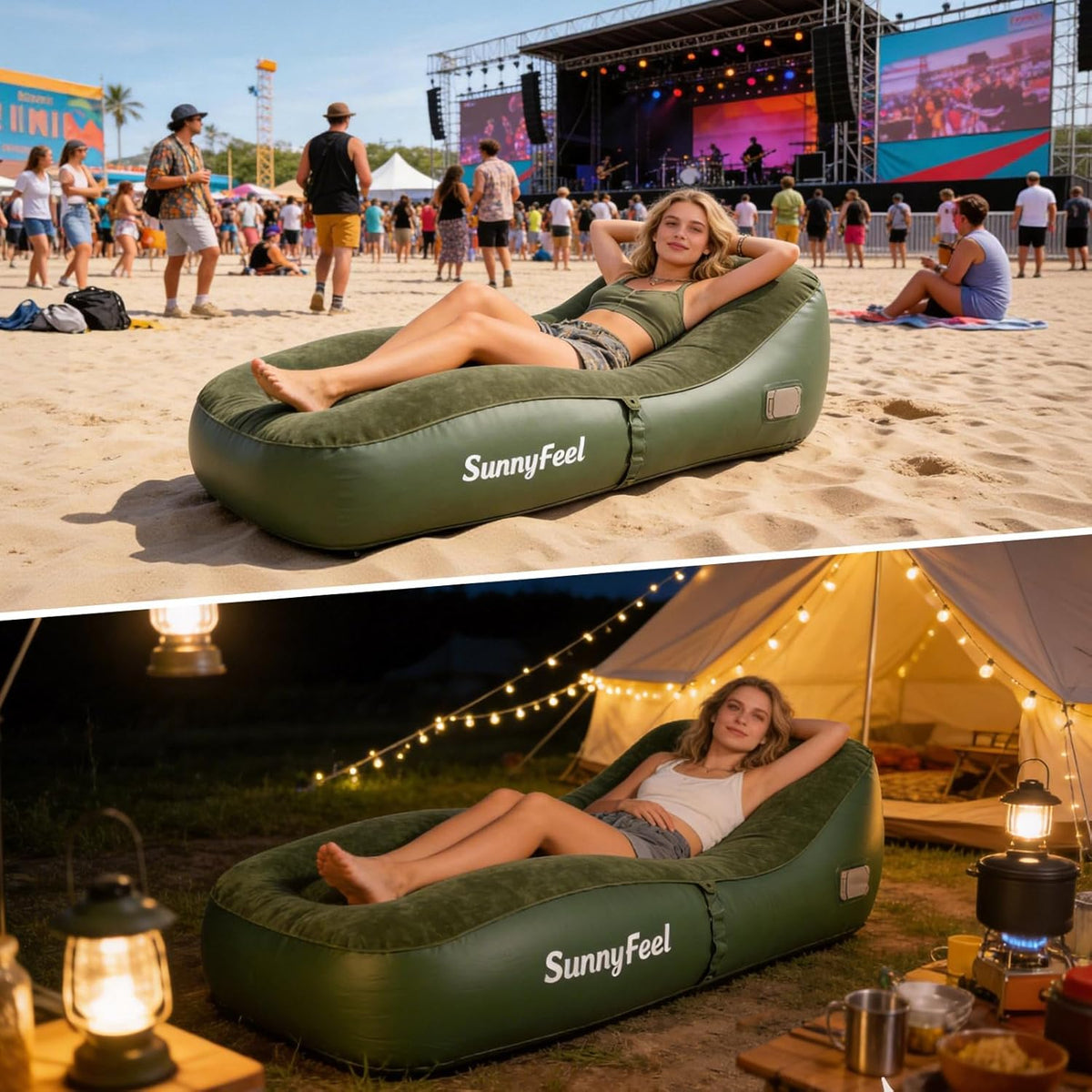 SUNNYFEEL Inflatable Lounger Couch with Built-in Pump, Heavy Duty PVC Flocked Inflatable Sofa Chair for Adults, Portable Air Lounger for Camping, Beach, Home & Outdoor, Army Green