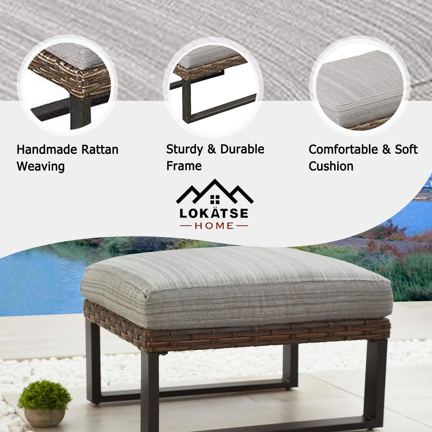 LOKATSE HOME Patio Ottoman Wicker Outdoor Footstool Rest Small Seat Rattan Furniture Cushioned Coffee Table Steel U-Shape Legs for Garden Yard Lawn Deck Poolside