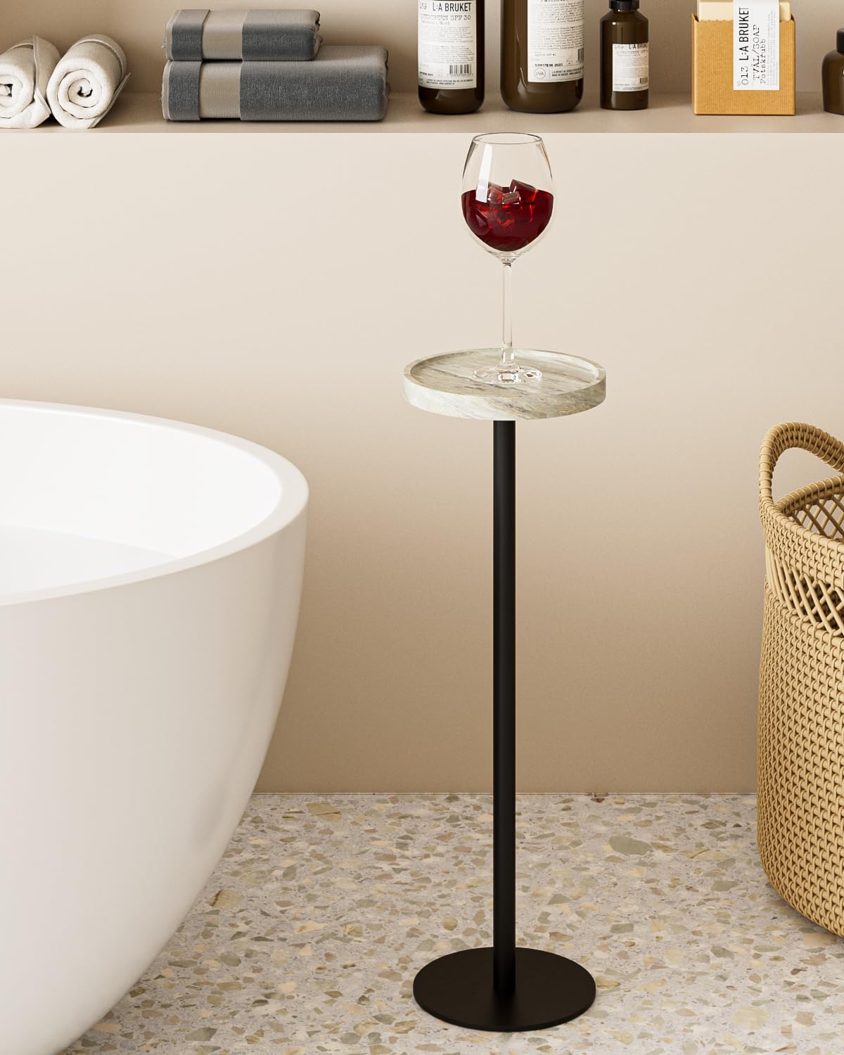 Drink Table, Small Pedestal Side Table, Round Cocktail Table, Circle Accent End Table with Metal Base, for Small Spaces (1, White Marble)