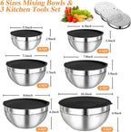 Mixing Bowls with Lids Set, 6 PCS Stainless Steel Mixing Bowls with 3 Grater Attachments, Kitchen Food Storage Organizers Nesting Mixing Bowl, Large Size 4.5, 3.5, 2.1, 1.5, 1.1, 0.7QT-Black