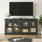 ONBRILL 63 Inch Sideboard Buffet Cabinet with Glass Doors and 4 Doors Black