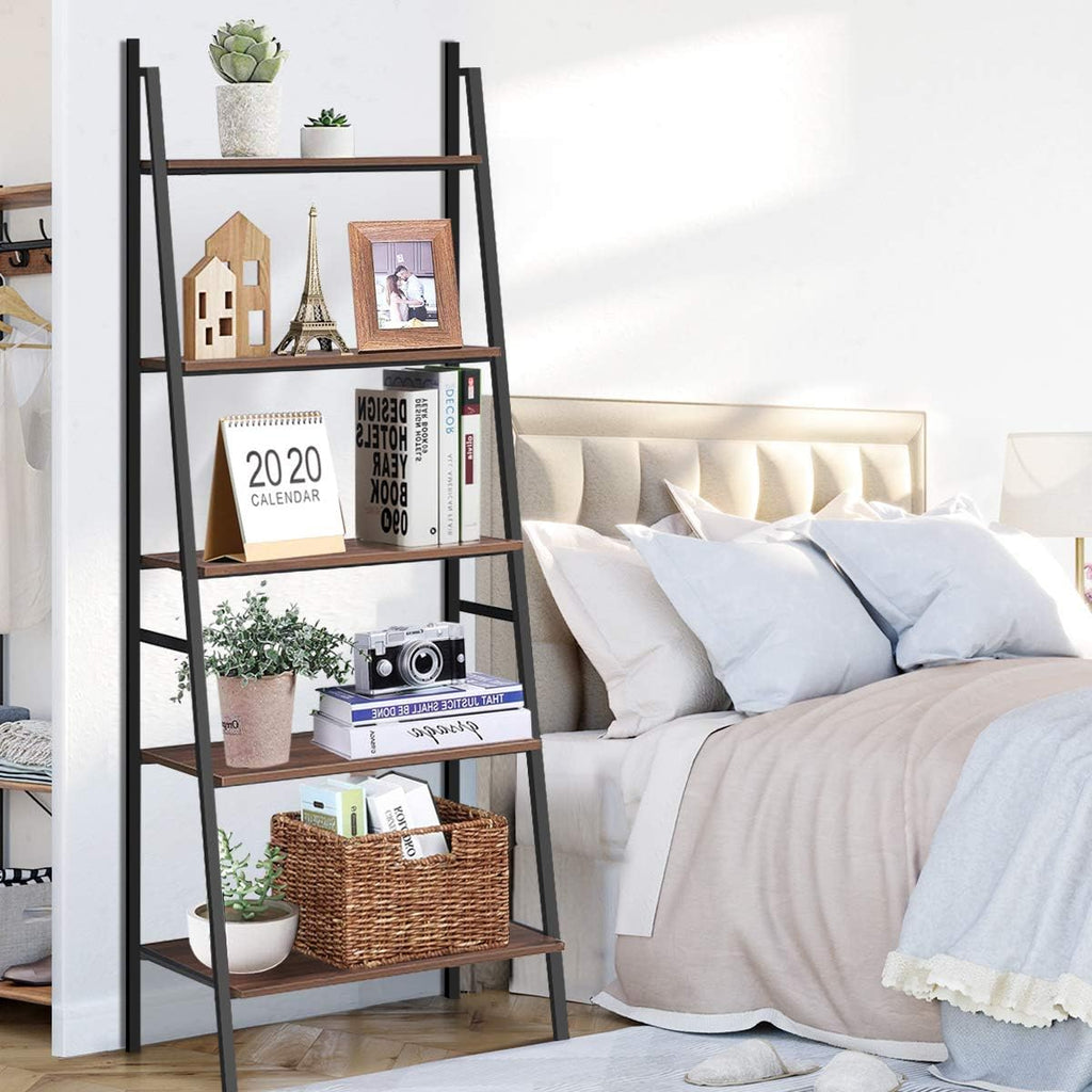 Tangkula Ladder Shelf (Set of 2), 5 Tier Industrial Bookcase, Multifunctional Display Bookshelf, Wooden Look Plant Flower Stand with Metal Frame, Decor Furniture for Home Office