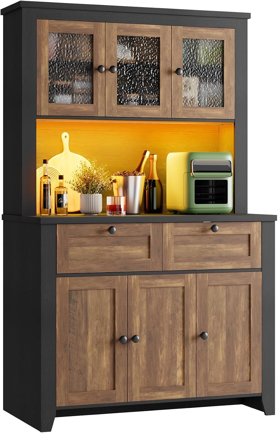 GarveeHome 66" Tall Pantry Cabinet with Power Outlet & LED Light, Kitchen Pantry Storage Cabinets with Countertop, Large Kitchen Hutch with Storage Drawers & Water Ripple Acrylic Panel Cabinet Door