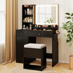 CHARMAID Makeup Vanity Desk with Lighted Mirror & Charging Station, Vanity Table with Storage Stool, Drawers, Cabinet & Shelves, LED Mirror with 3 Color Lights, Dressing Table for Bedroom (Black)