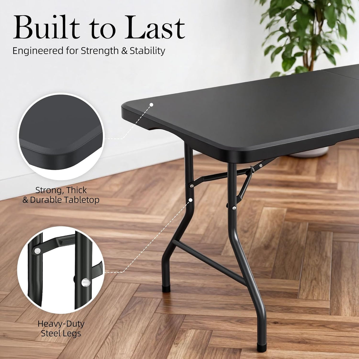 6FT Folding Table with Carrying Handle: Upgrade Thickened Heavy Duty Portable Foldable Table | Plastic Folding Tables for Party, Dining, Wedding, Events, Picnic Indoor, Outdoor, Camping, Utility Black