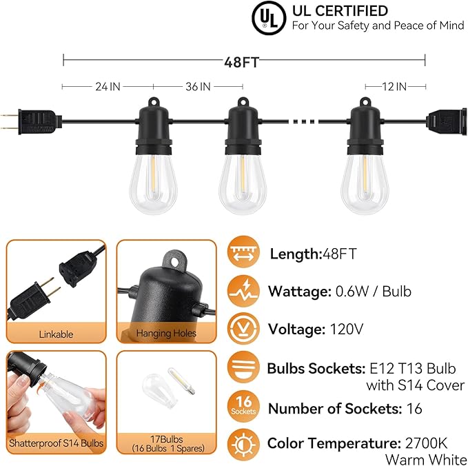 48FT LED Outdoor String Lights Dimmable Shatterproof S14 Edison Bulbs IP44 Weatherproof Commercial Grade for Patio Backyard Garden Party Décor
