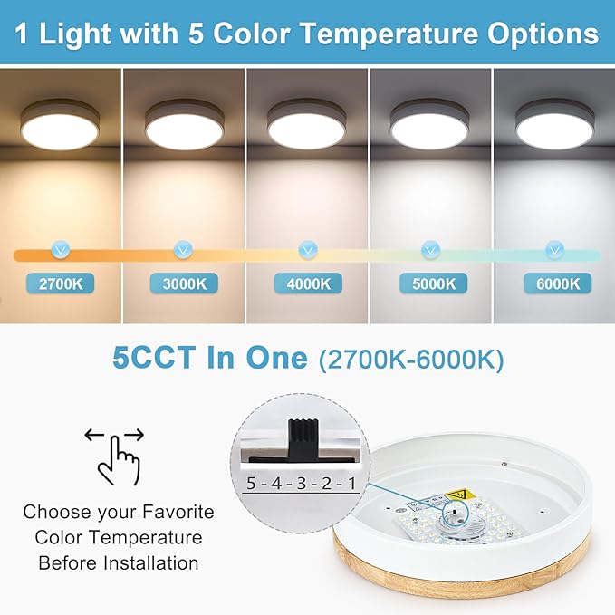 Dimmable Wood LED Ceiling Light Fixture, 5CCT 2700K-6000K Modern White Flush Mount Ceiling Lighting, Minimalist Round Ceiling Lamp for Bedroom, Kitchen, Laundry Room, Hallway, 11.81in