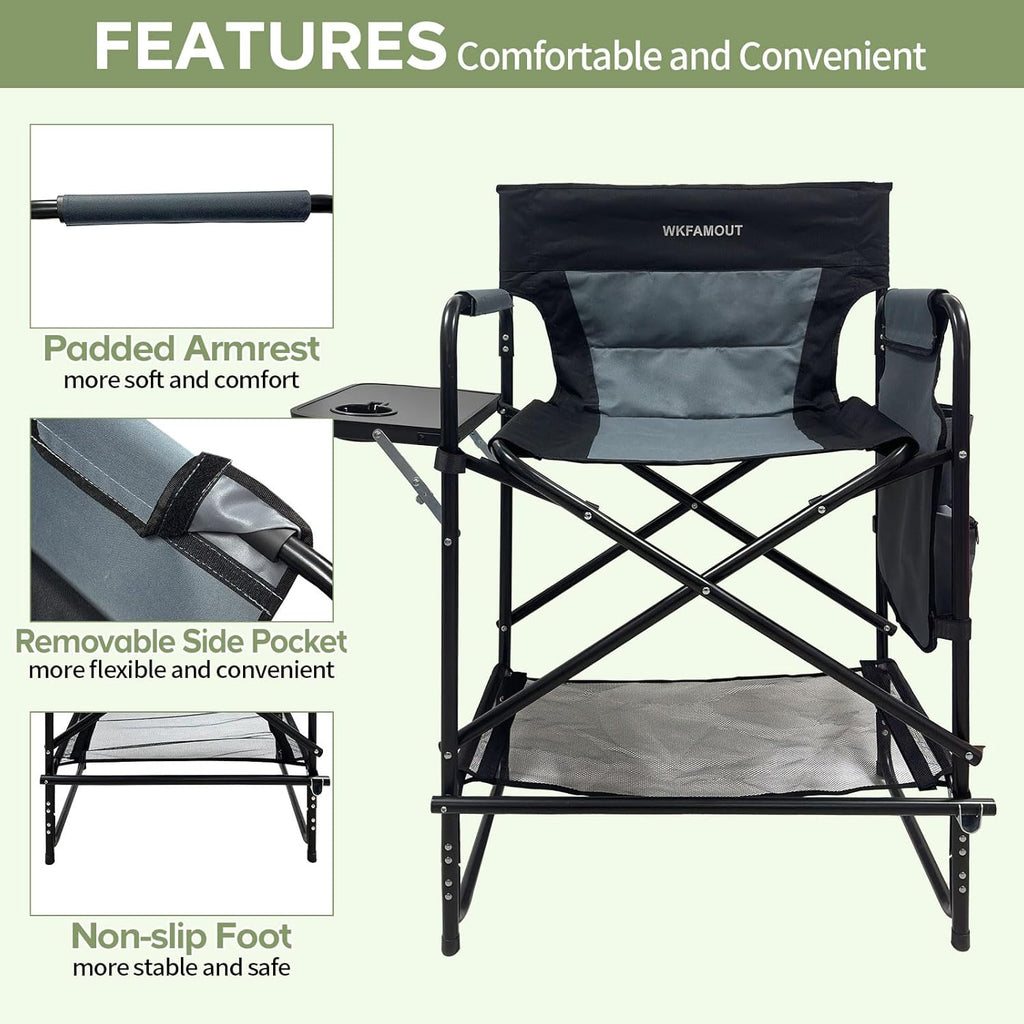 27" Tall Camping Director Chair Oversized with Side Table, Heavy Duty Folding Lawn Chair Outdoor for Makeup Artist, Sports Event, Supports 330LBS