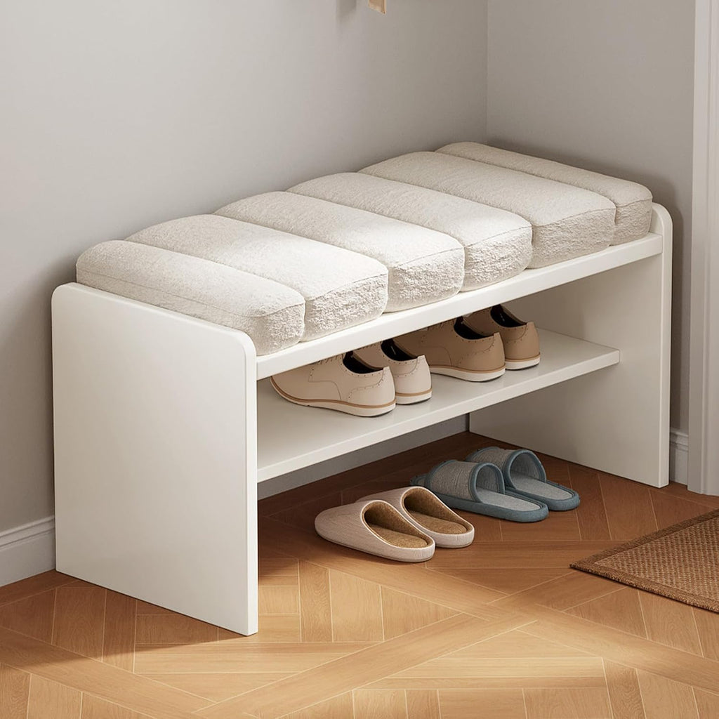Modern Shoe Bench with Storage, Shoe Rack with Cushion Upholstered Fabric Shoes Changing Stool with 2 Tier Storage Space for Entryway Living Room End of Bed Bedroom, Cream White