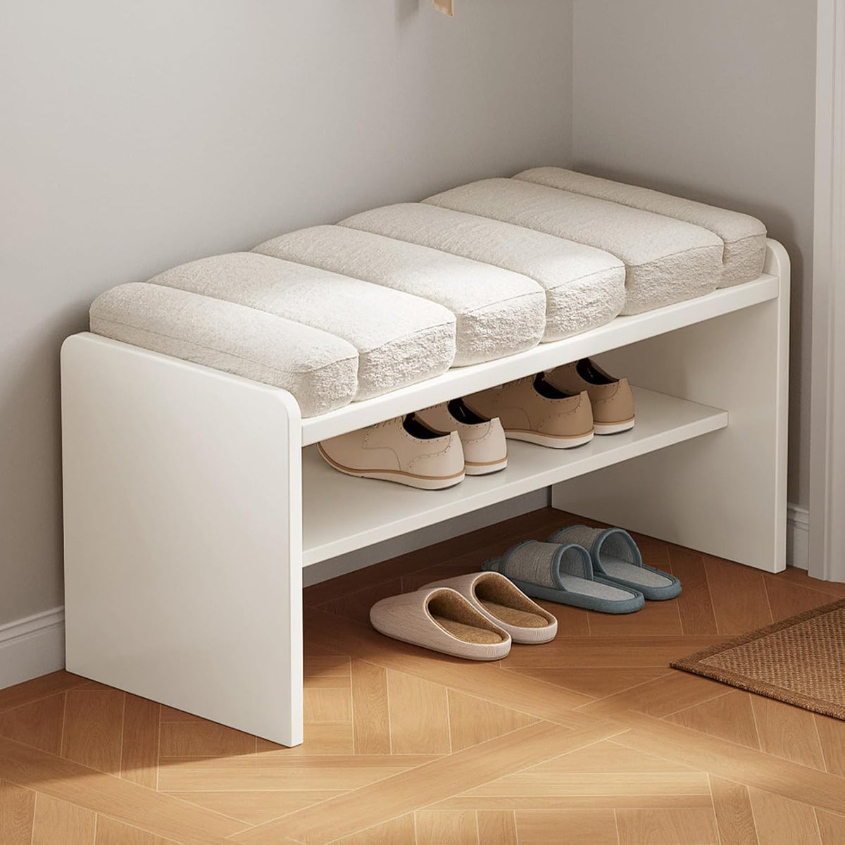 Modern Shoe Bench with Storage, Shoe Rack with Cushion Upholstered Fabric Shoes Changing Stool with 2 Tier Storage Space for Entryway Living Room End of Bed Bedroom, Cream White
