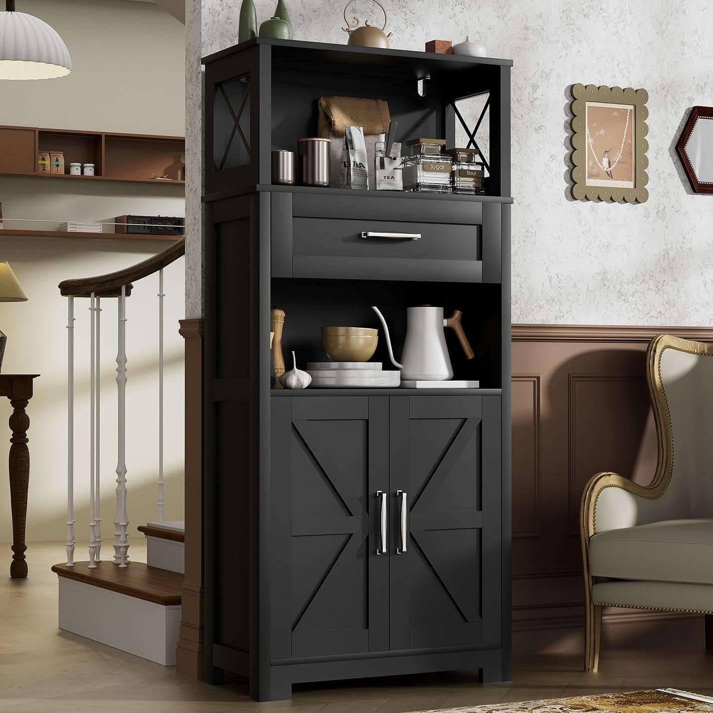 kepptory 55" Tall Farmhouse Kitchen Pantry Cabinet, Rustic Wood Storage Cupboard with Doors, Shelves & Drawer, Ash Grey for Kitchen & Dining Room