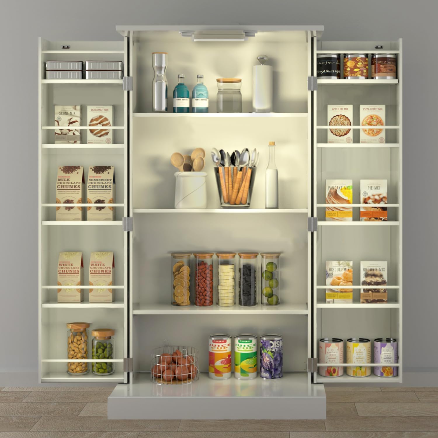 GEPELCN 50" LED Kitchen Pantry Cabinet Farmhouse Storage Cabinet Wood Food Pantry with Barn Doors and Adjustable Shelves Freestanding Buffet Cupboards Sideboard for Kitchen White