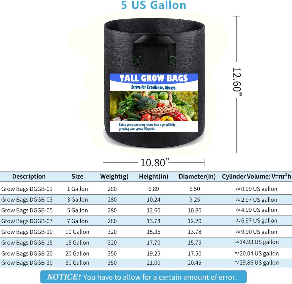 5 Gallon 5 Pack Grow Bags, Heavy Duty Nonwoven Aeration Fabric Plant Grow Pots for Vegetables