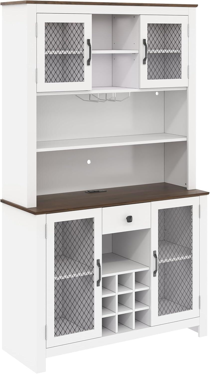 JIJIWANG 70.9" Kitchen Pantry Storage Rustic Buffet Cabinet,Kitchen Hutch Cabinet with LED Outlets Food Pantry Cabinets with Doors and Shelves Wine Rack for Dining Room,for Dining Room,White