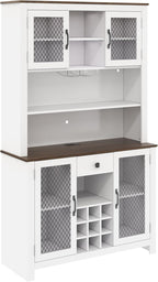 JIJIWANG 70.9" Kitchen Pantry Storage Rustic Buffet Cabinet,Kitchen Hutch Cabinet with LED Outlets Food Pantry Cabinets with Doors and Shelves Wine Rack for Dining Room,for Dining Room,White