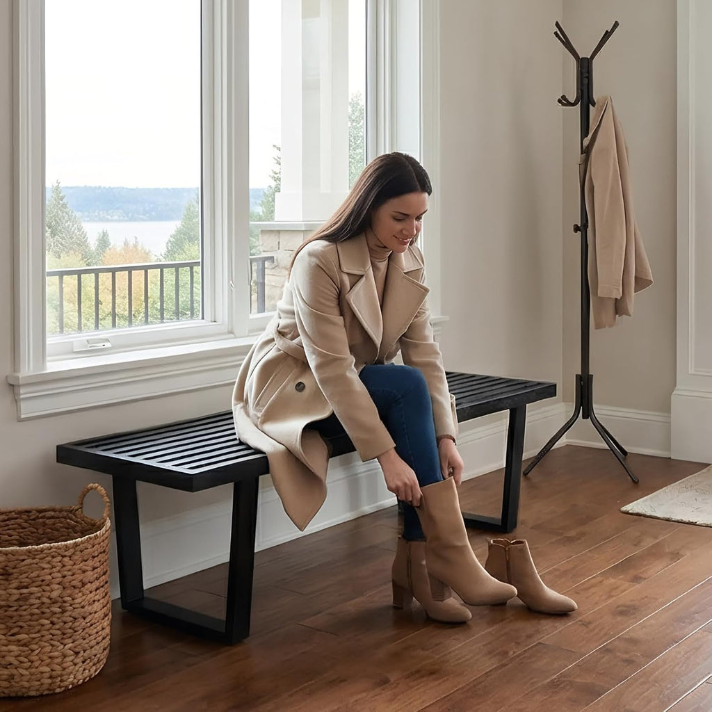 55" Black Wood Entryway Bench, Industrial End of Bed Bench for Bedroom, Wooden Dining Bench with Black Metal Frame, Long Bench Ottoman Bench for Living Room Foyer Indoor Hallway